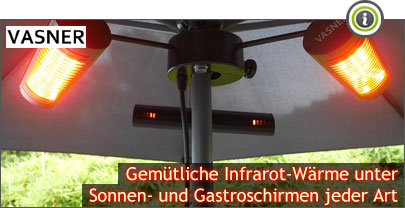 Gemtliche Infrarot-Wrme unter Sonnenschirmen jeder Art - Die VASNER Umbrella X30 Schirm-Heizstrahler